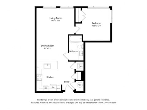 Floor plan for 1 bed, 1 bath, 765 sqft